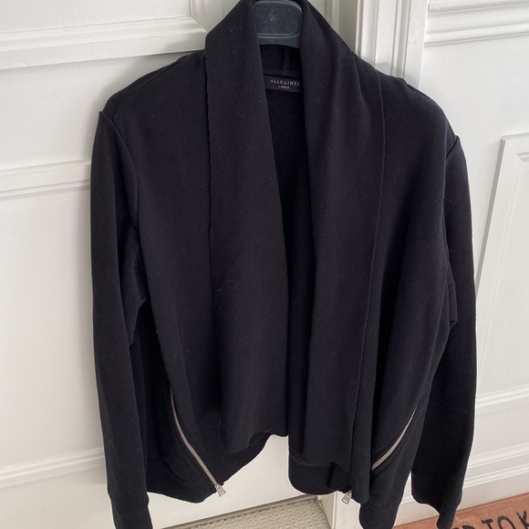 Allsaints wrap cardigan, sz L, black, zipper details